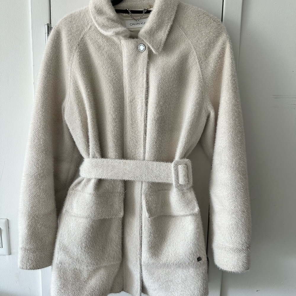 Calvin Klein Cream Teddy Jacket with Belted Waist